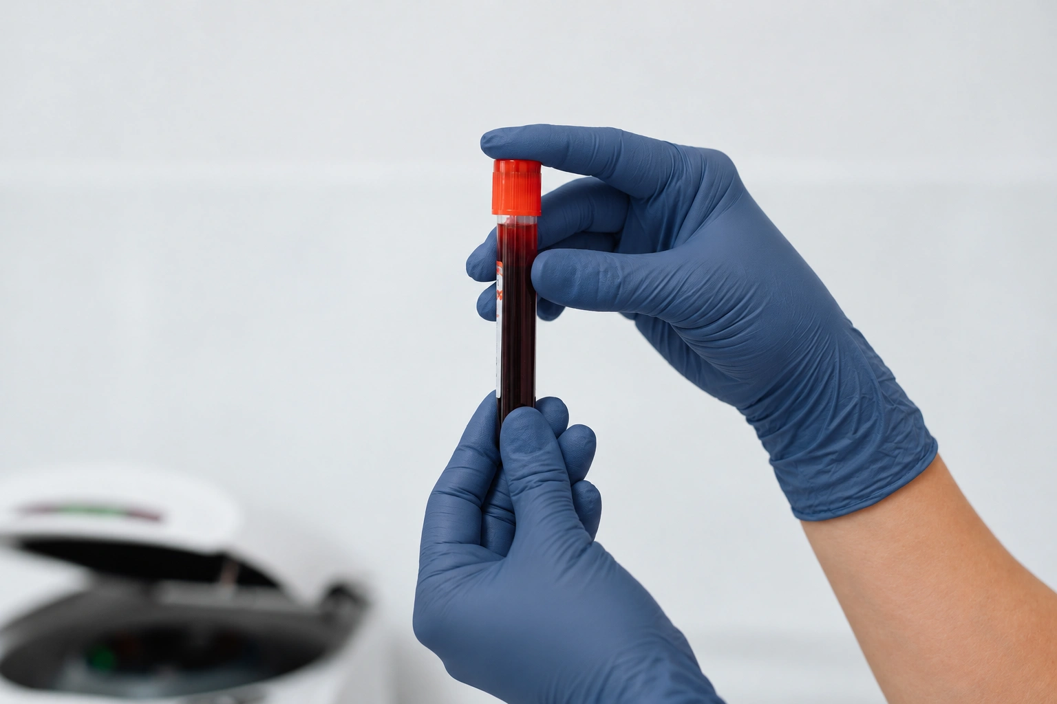 Gloved Hands Holding Blood Sample Tube